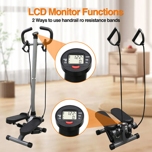 Exercise Stepper Machine Fitness Twist Stepper Stair Step with Handlebar LCD Monitor Resistance Bands Cardio Workout Home Gym