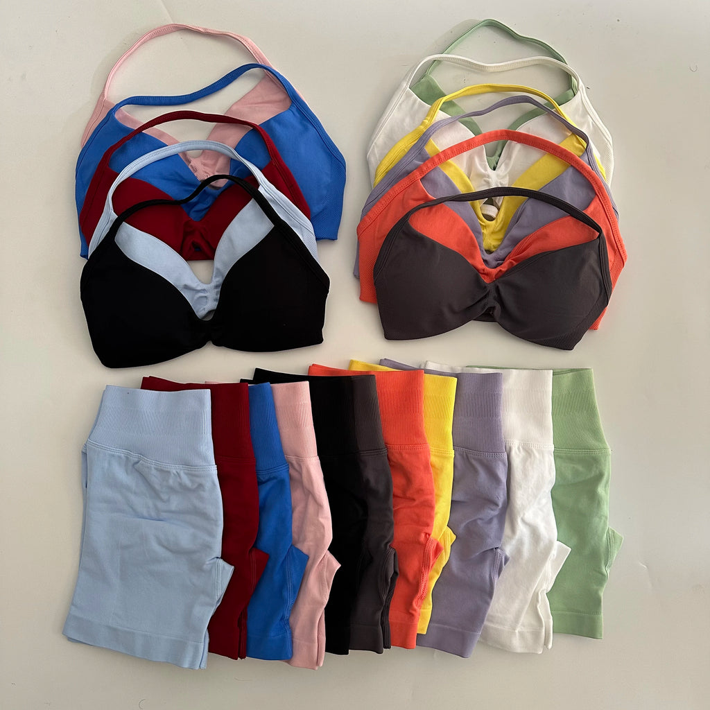 Yoga Gym Set Women Seamless Strappy Yoga Bra Top High Waist Workout Scrunch Shorts Sports Set Fitness Clothes Sportswear